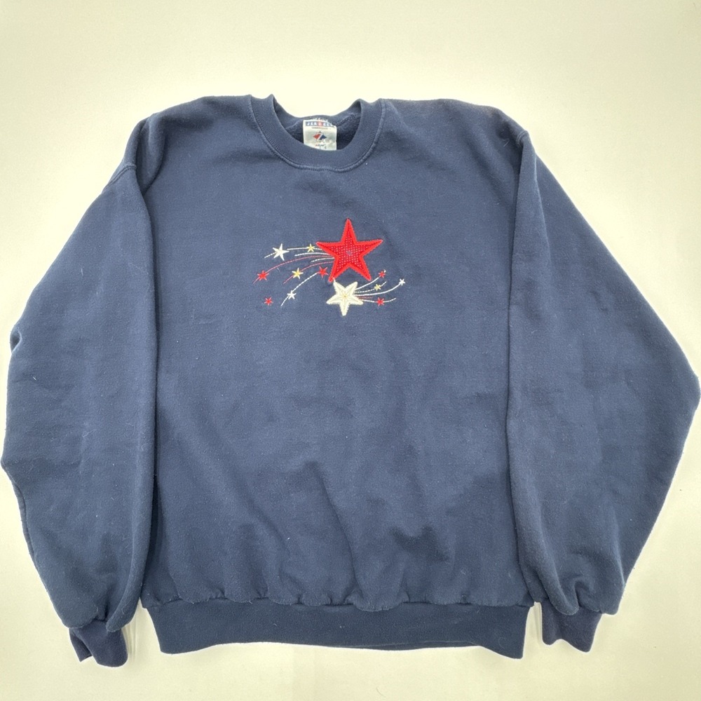 Vintage USA Embroidered Crewneck Sweater Sweatshirt 4th of July Size Large Blue